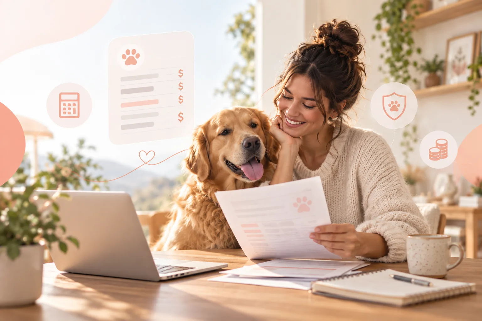 Owner comparing papers and a laptop with a dog nearby