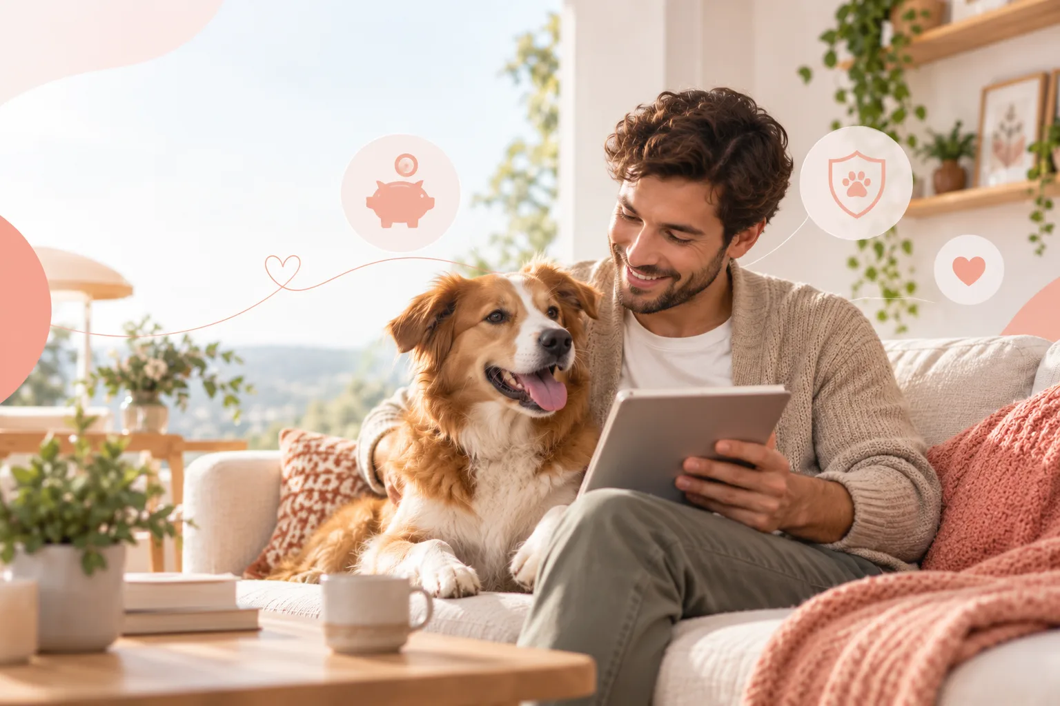 Owner seated with a dog while reviewing a tablet